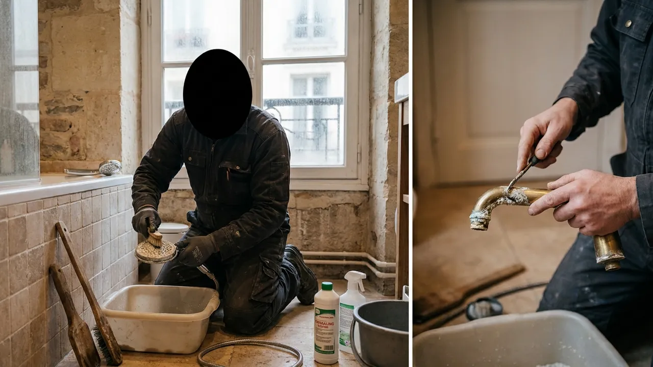 Plombier inspectant les dépôts de calcaire sur un robinet et une pomme de douche dans un appartement de Paris 10