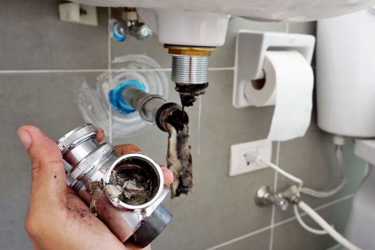 Main tenant un siphon bouché sous un lavabo, avec un tuyau obstrué par des résidus noirs.